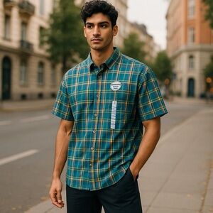 Vibrant Green and Blue Casual Button Down Shirt